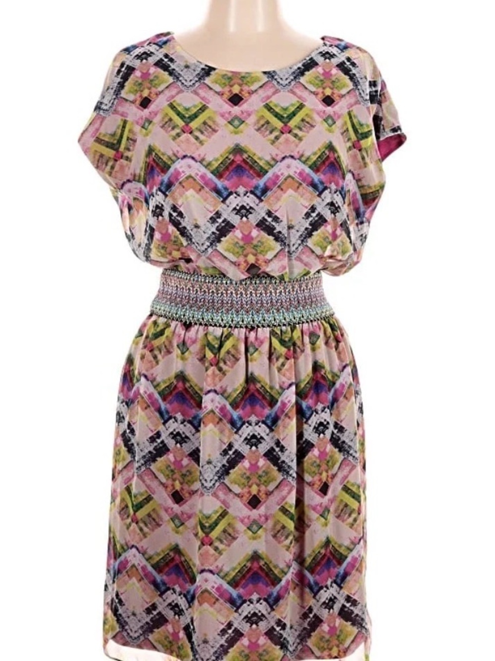 Patterned Smocked-Waist Mini Dress in Pink, Green & Blue